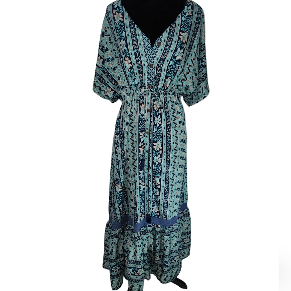Anthropologie Boemo Boho Tiered Maxi Dress Blue Floral Paisley Whimsigoth MP - Picture 2 of 9